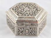 Appraisal: A large hexagonal white metal tests silver jewel box finely