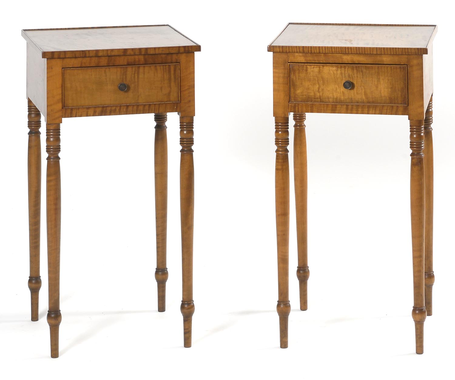 Appraisal: PAIR OF DIMINUTIVE SHERATON-STYLE ONE-DRAWER STANDS in strongly figured tiger