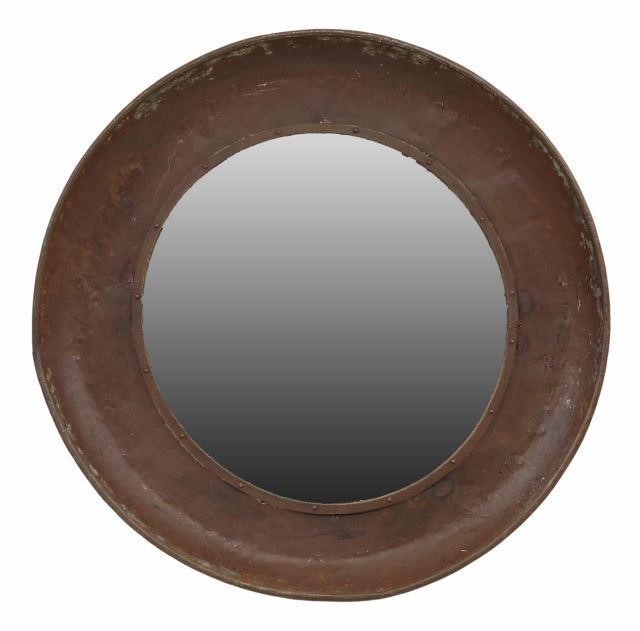 Appraisal: Large industrial style iron-framed wall mirror th c concave frame