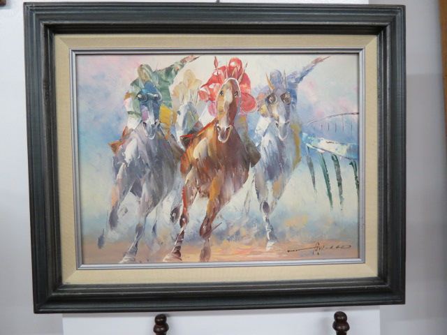 Appraisal: Fine Oil on Canvas Race Horses coming into the stretch