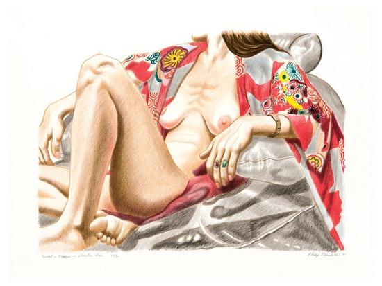 Appraisal: Philip Pearlstein b nude on bamboo sofa model in kimono