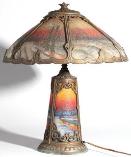 Appraisal: Vintage Reverse With a similarly-painted lighting base the tree-painted panels