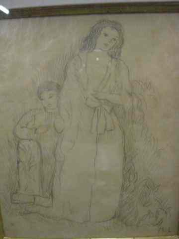 Appraisal: M Laurencin Pencil Drawing mother child at the cemetary special