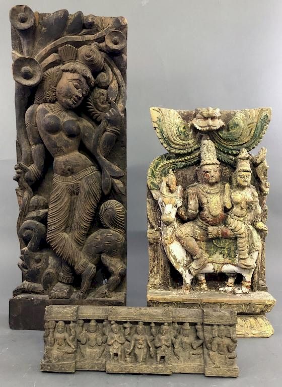 Appraisal: Grouping of Wood Carved Hindu Indian Figures Large wood carved