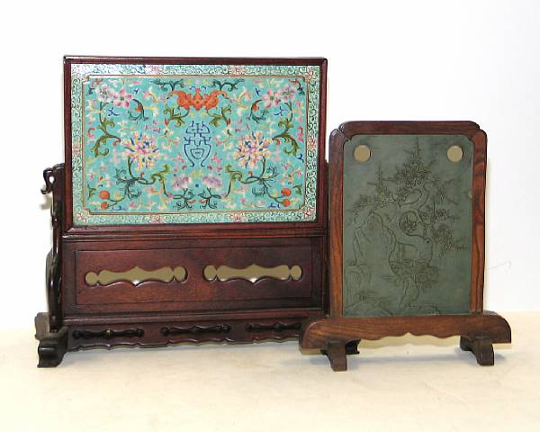 Appraisal: Two small wood mounted table screens The first displaying a