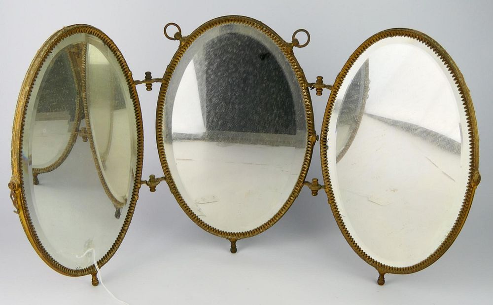 Appraisal: VICTORIAN TRI FOLD VANITY MIRROR LEATHER BRASS Long and each