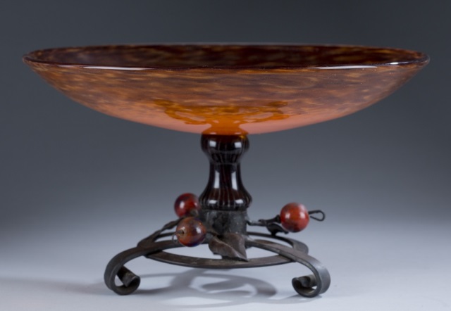 Appraisal: Schneider Glass Compote on Iron Stand Cherries on Base Signed