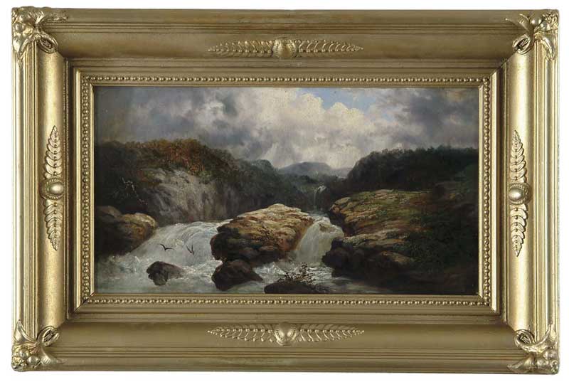 Appraisal: W J th Century CASCADING FALLS Oil on canvas scene