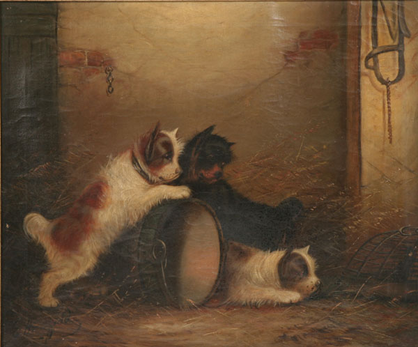 Appraisal: Edward Armfield British - three terriers playing in the barn