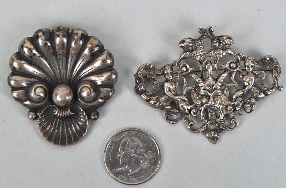 Appraisal: Two Cini Sterling Pins Shell Satyr Guglielmo Cini Boston b