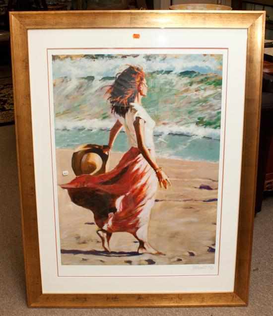 Appraisal: Framed lithograph of woman walking on beach signed lr Estimate