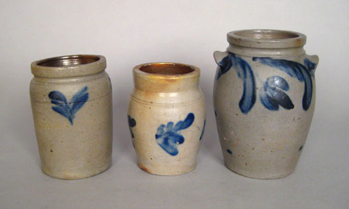 Appraisal: Three small stoneware crocks th c with cobalt decoration h