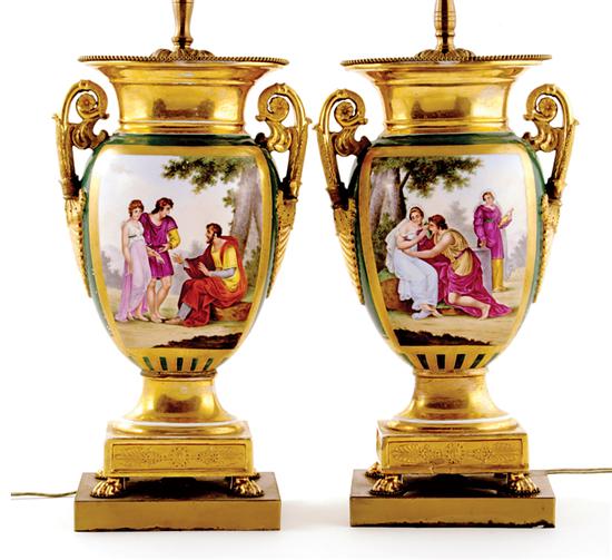 Appraisal: Pair Paris porcelain urns circa painted Classical vignette on flatted