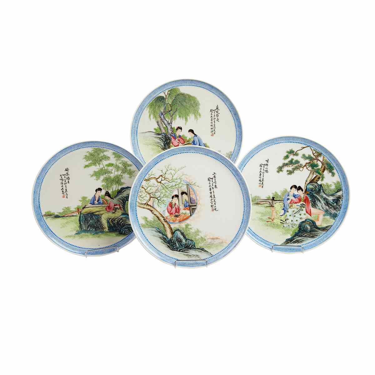 Appraisal: Xu Youwen th Century FOUR FAMILLE ROSE PLATES Each depicting