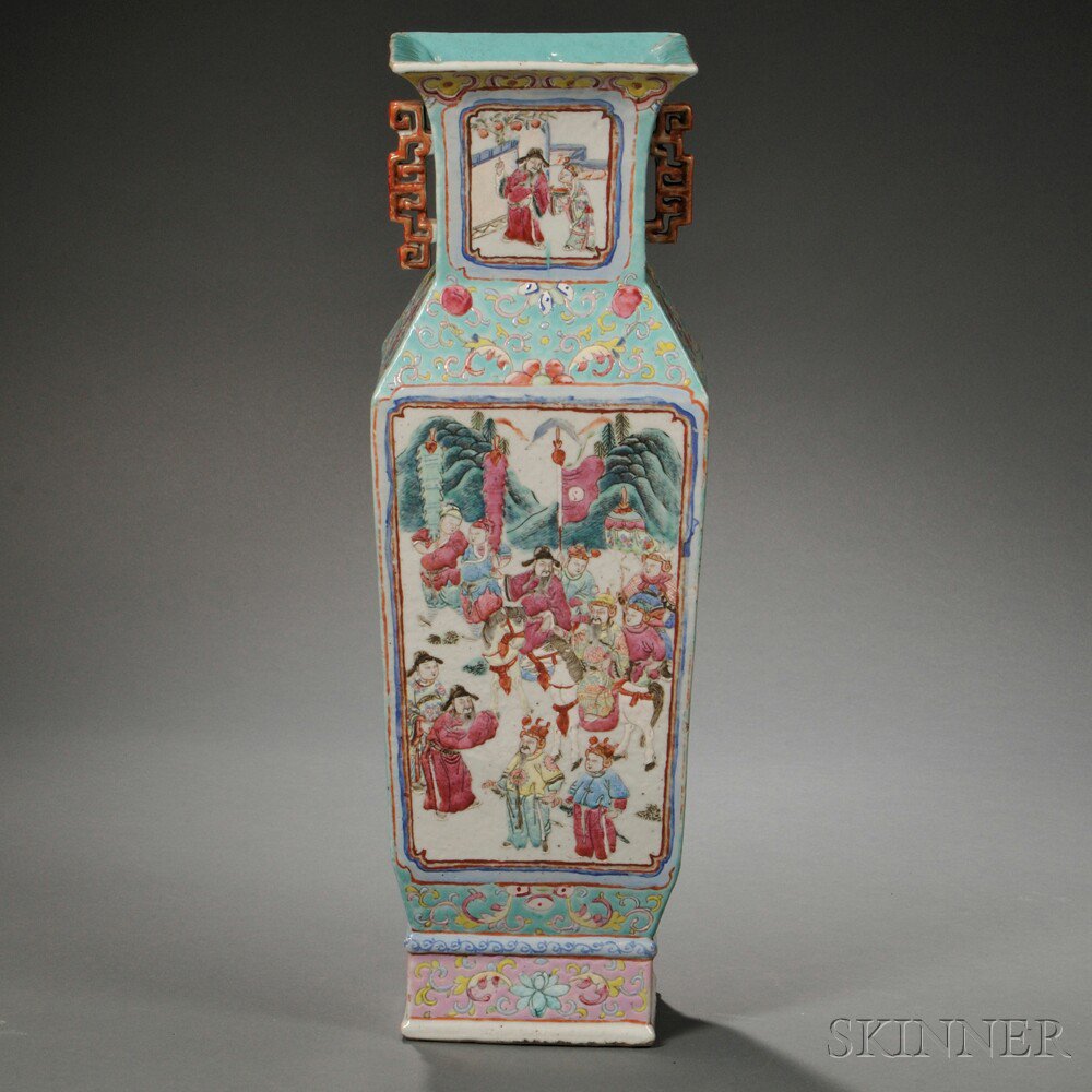 Appraisal: Famille Rose Vase China rectangular baluster form decorated with reserves