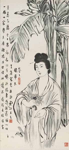 Appraisal: L Fengzi - Woman Beneath a Banana Palm Mounted for