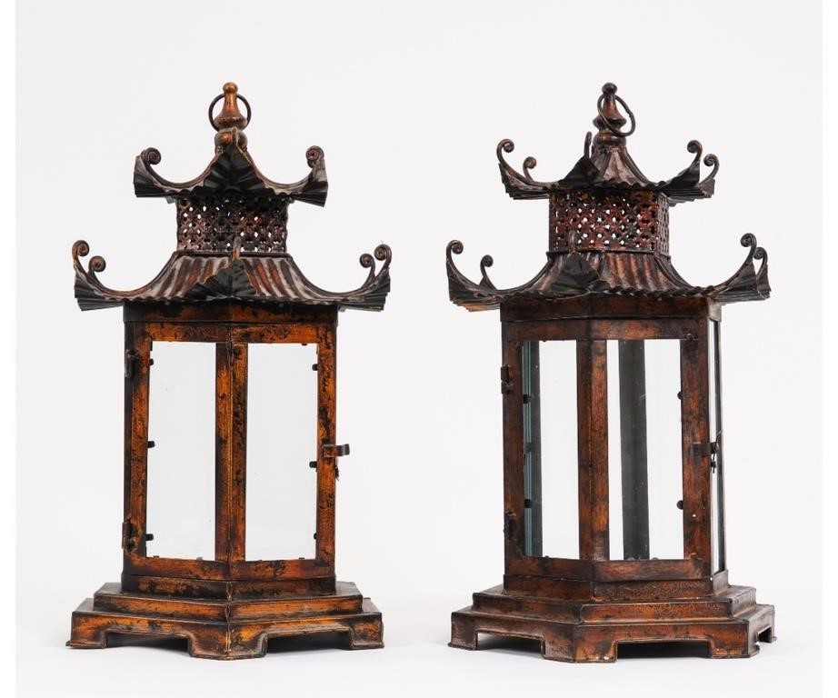 Appraisal: Pair of Chinese Chinoiserie metal pagoda lanterns th c from