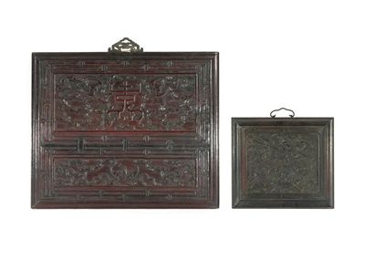 Appraisal: Two Chinese hardwood panels the smaller carved with three bats