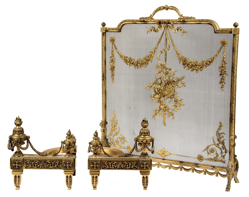 Appraisal: PC FRENCH FIREPLACE SET - Louis-Philippe Firescreen in gilt bronze