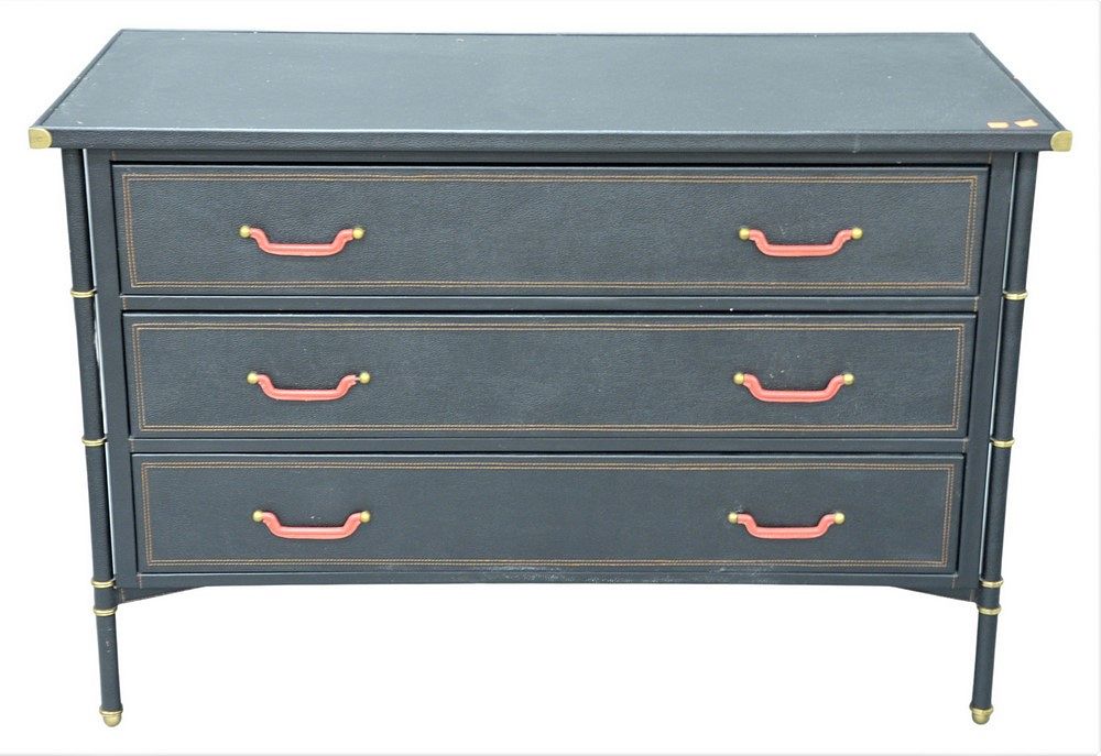 Appraisal: Faux Leather Three Drawer Dresser having red handle accents and