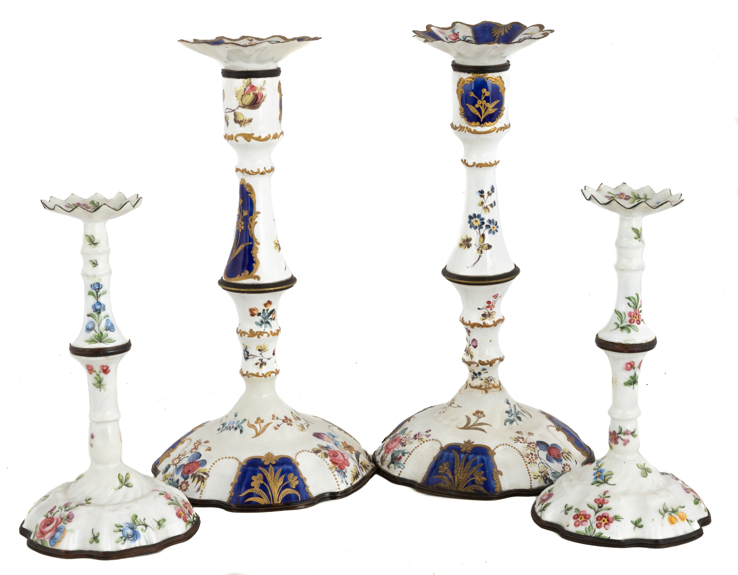 Appraisal: TWO PAIR FRENCH ENAMELED HAND PAINTED CANDLESTICKS th century