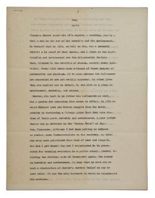 Appraisal: John T Scopes autograph letter undated eleven-page typed manuscript entitled