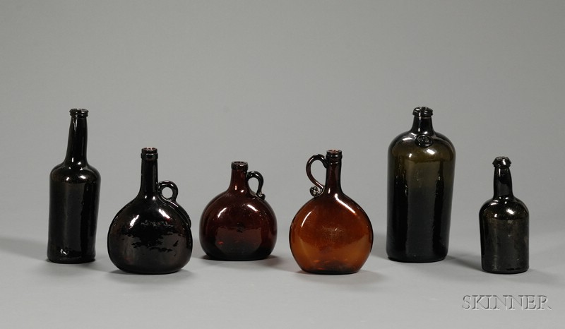 Appraisal: Six Colored Blown Glass Bottles late th early th century