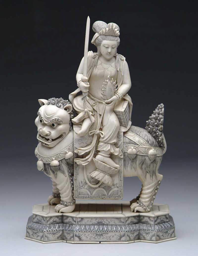 Appraisal: LARGE ORIENTAL IVORY STATUE OF A WARRIOR ON FOO DOG