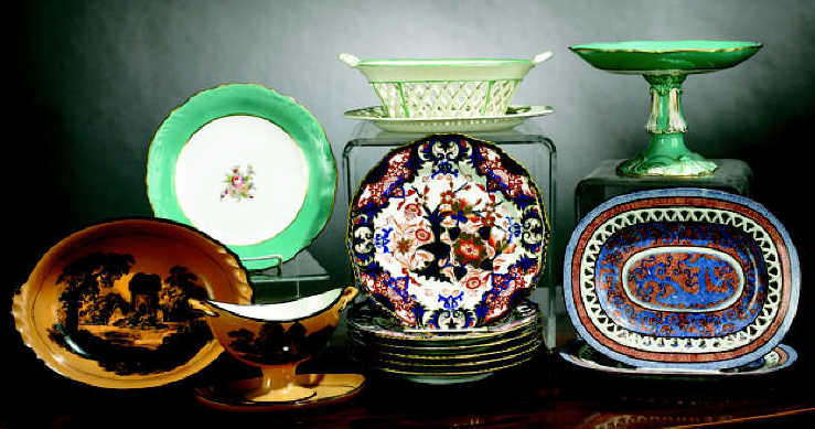 Appraisal: DAVENPORT CHALCEDONY DESSERT SERVICE Black vignettes decoration of various landscapes