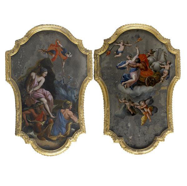 Appraisal: PAIR OF PAINTED PANELS Two mythological scenes oil on board