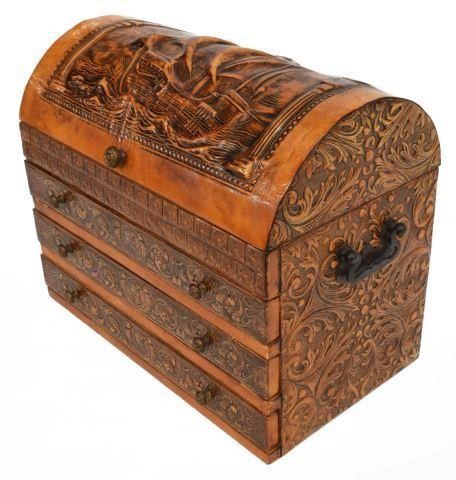 Appraisal: Tooled leather-clad trunk jewelry box th c dome top with