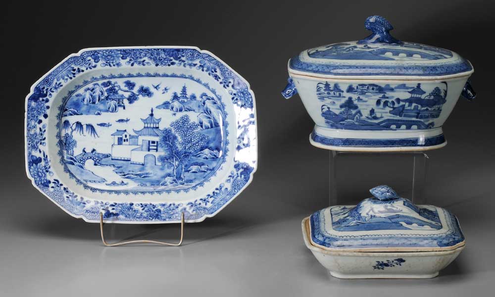 Appraisal: Blue and White Porcelain Dishes Chinese Canton lidded tureen beast-head