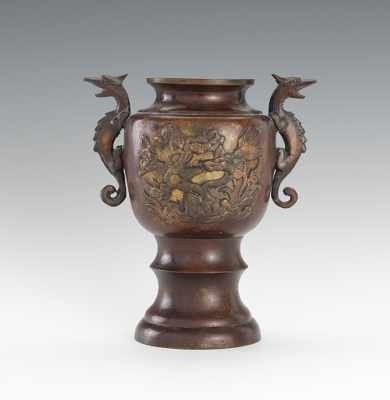 Appraisal: Bronze Decorated Urn with Dragon Handles Bronze decorated urn with