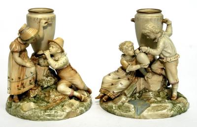 Appraisal: A PAIR OF BLUSH WORCESTER PORCELAIN FIGURAL VASES by James