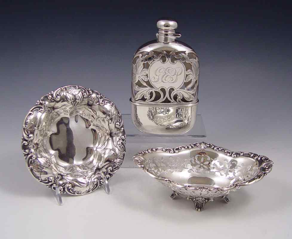 Appraisal: STERLING OVERLAY FLASK STERLING TRAYS To include Sterling overlay flask