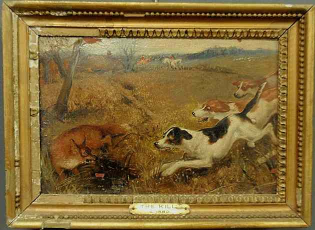 Appraisal: Oil on board English sporting painting with foxhunters hounds and