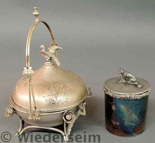 Appraisal: Silverplate canister with a fox form finial the inside of