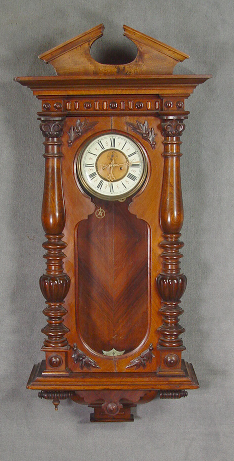 Appraisal: Large Walnut Regulator Clock Circa Pedimented arch above carved and