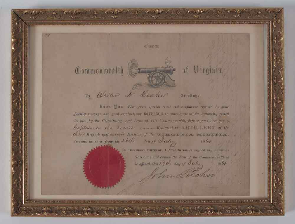 Appraisal: CONFEDERATE VIRGINIA MILITIA ARTILLERY COMMISSION Commission to Walter D Leake