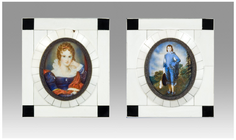 Appraisal: Two Miniatures In Ivory Frames One a copy of Gainsboroughs