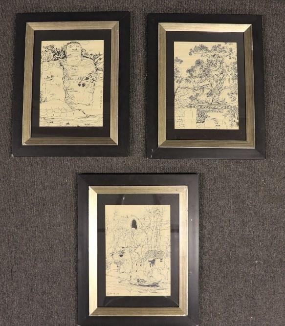 Appraisal: Three Chinese pen and ink drawings Buddha Tree and River