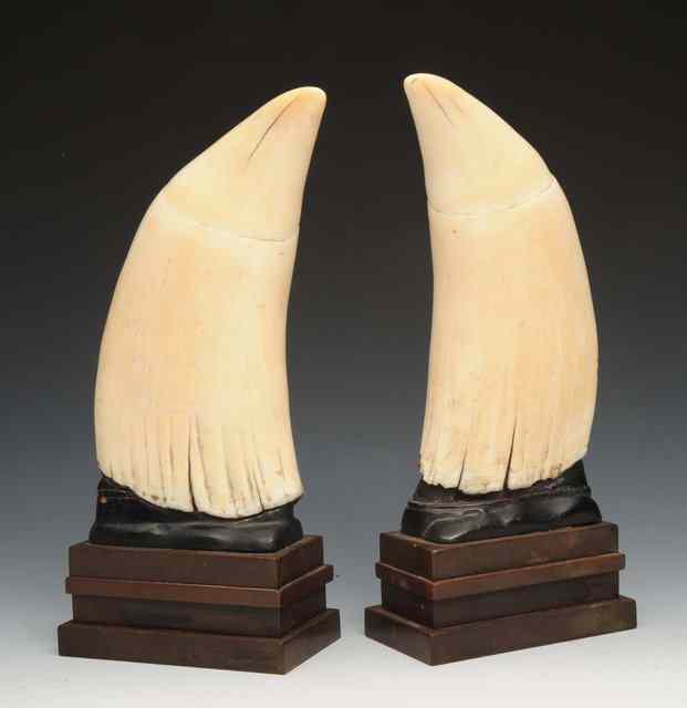 Appraisal: A PAIR OF WHALE TEETH mounted as ornaments on stepped