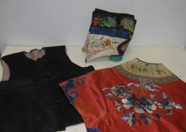 Appraisal: ANTIQUE CHINESE EMBROIDERED CLOTHING Hand sewn and embroidered colorful silk