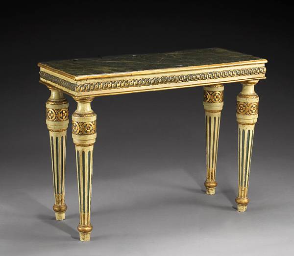 Appraisal: An Italian Neoclassical painted and parcel gilt console table late