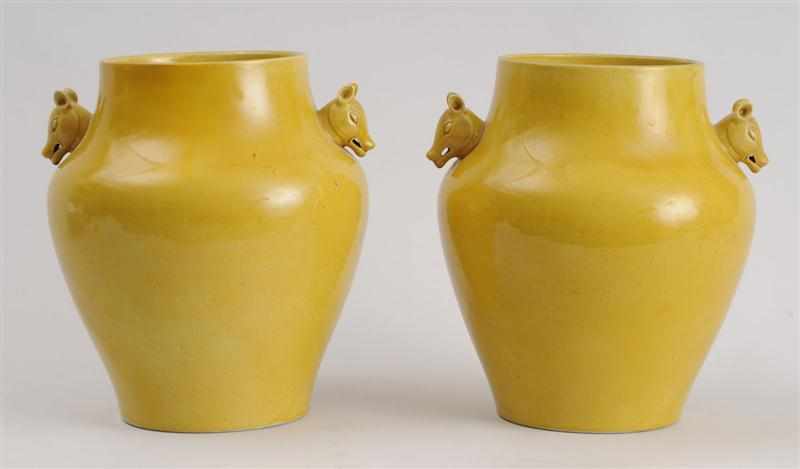 Appraisal: PAIR OF CHINESE YELLOW-GLAZED PORCELAIN VASES Each ovoid bowl with