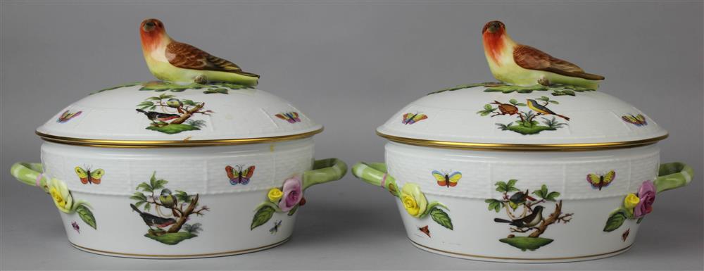 Appraisal: TWO HEREND 'ROTHSCHILD BIRD' PATTERN CIRCULAR TWO-HANDLED VEGETABLE DISHES AND