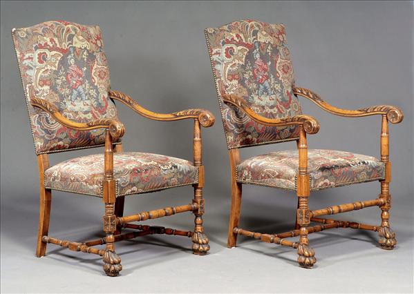 Appraisal: A pair of carved beech armchairs in William and Mary