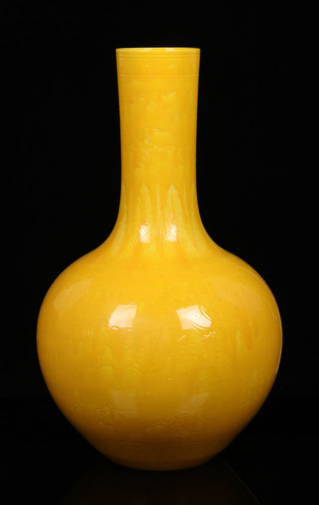 Appraisal: - Chinese Yellow Glazed Bottle Vase Porcelain Chinese yellow glazed