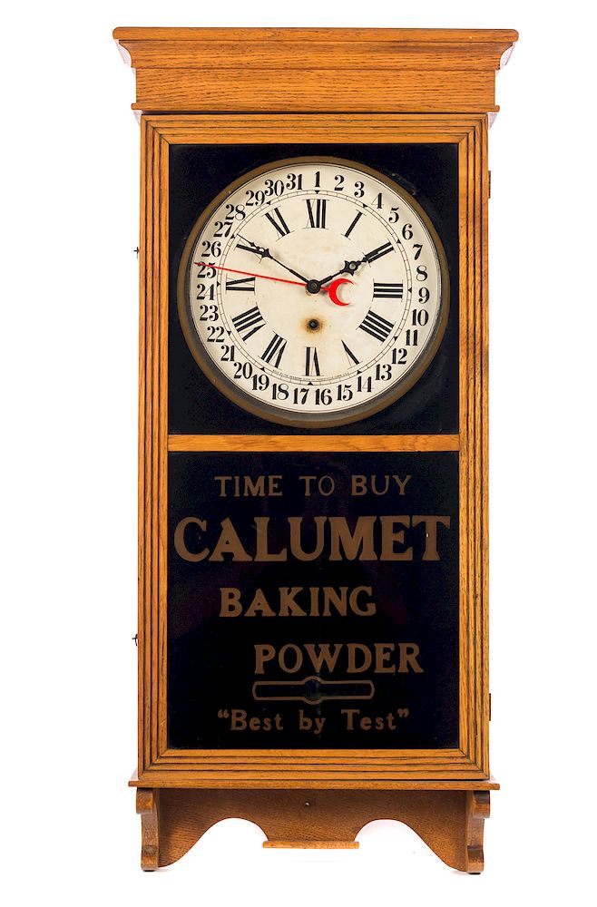 Appraisal: Calumet Baking Powder Sessions Calendar Clock Measures tall wide Good