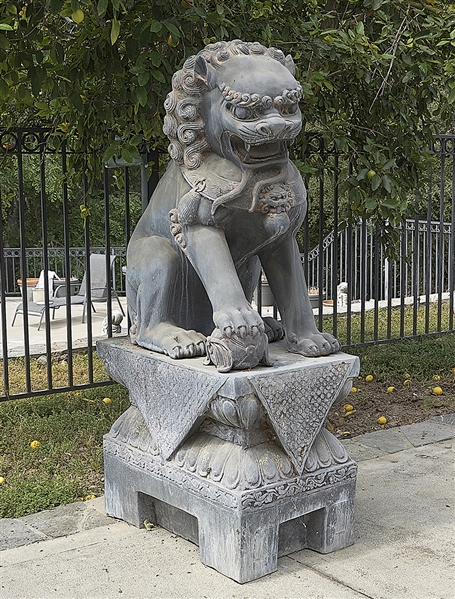 Appraisal: Chinese metal fo lion on metal base x x approx